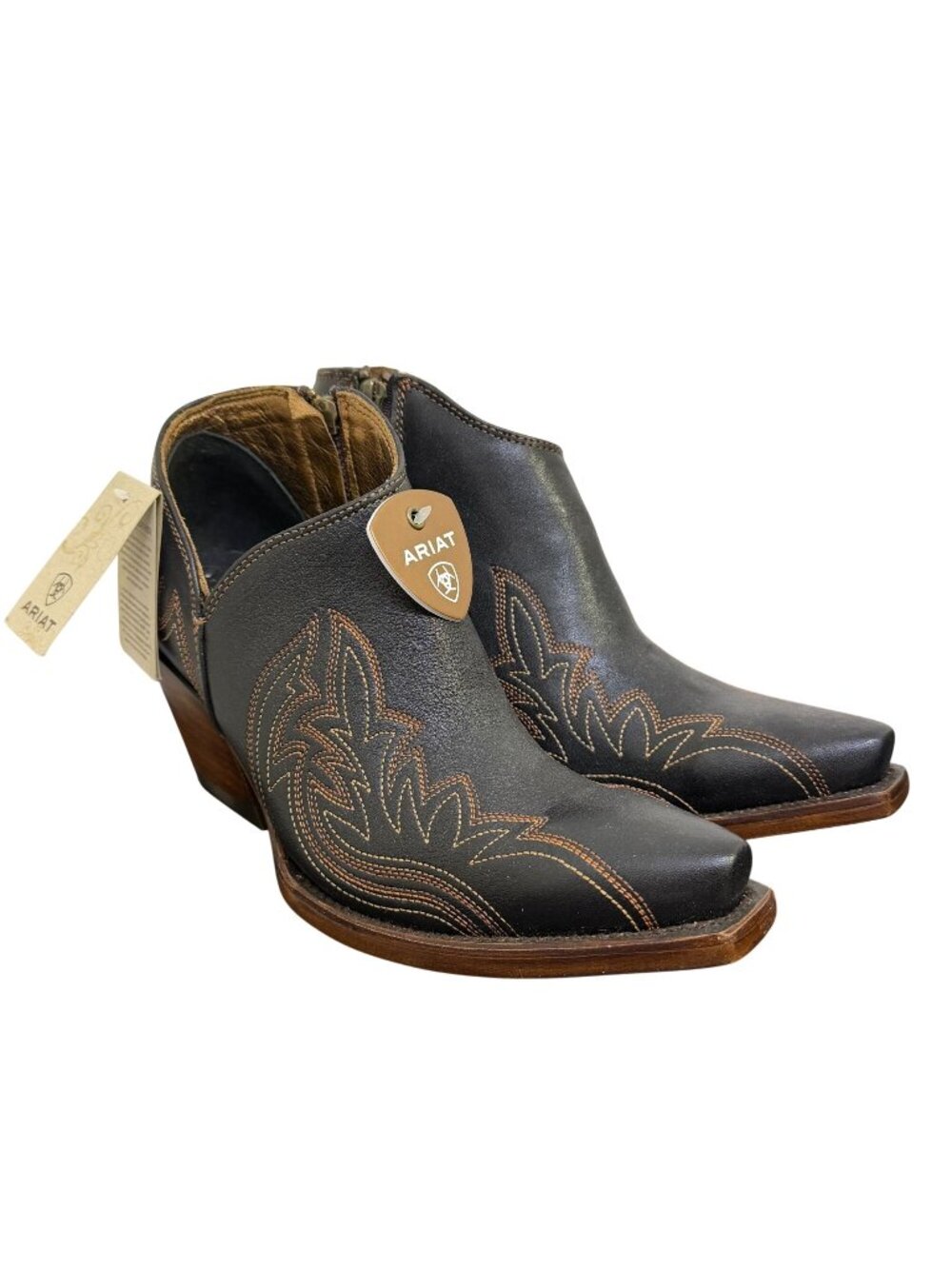 Ariat Black Western Leather Ankle Boots With Embroidered Details Size 7.5